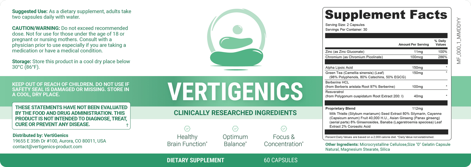 Vertigenics supplement Facts